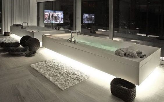 Banheiro com design futurista e tecnológico