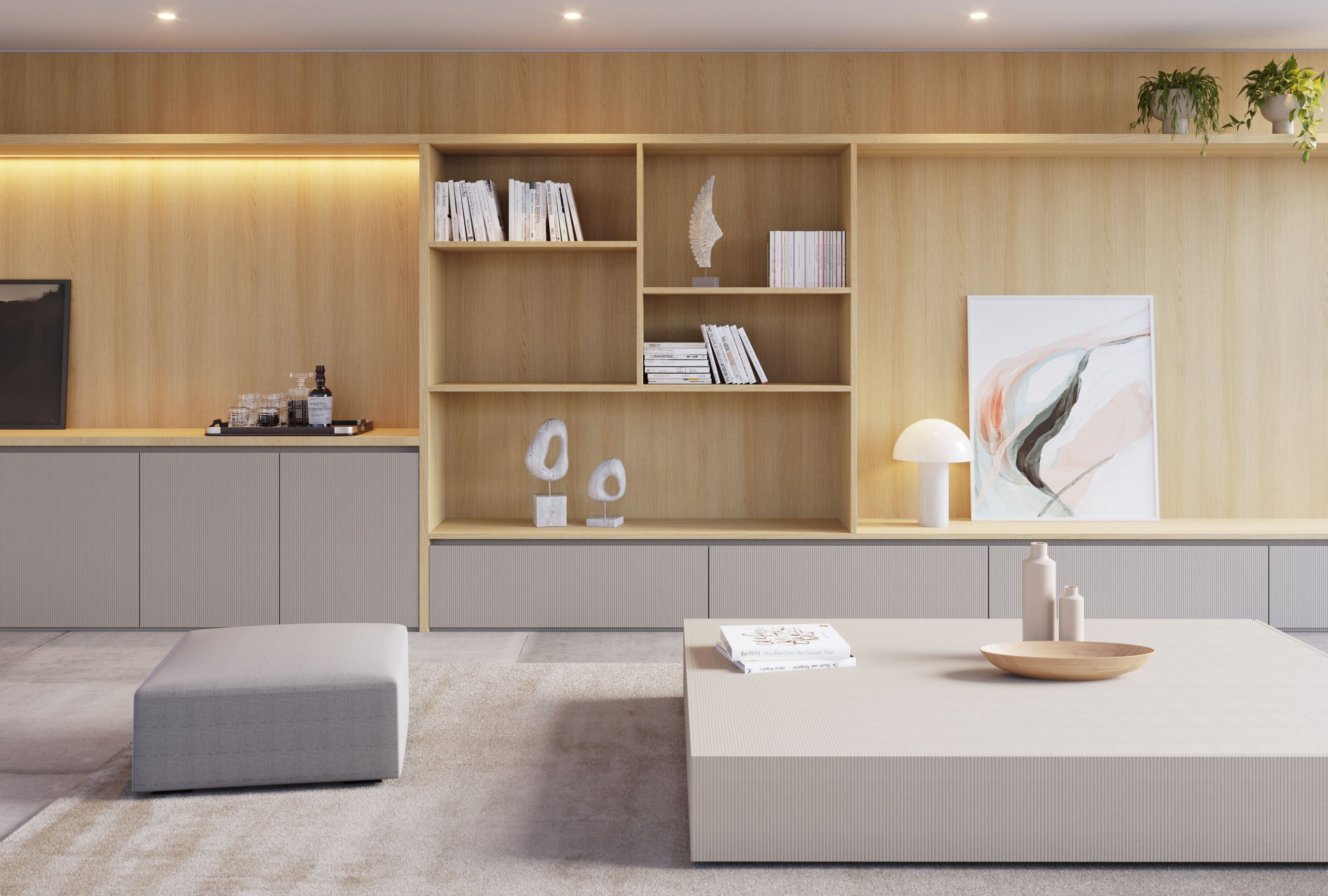 Sala de estar com painéis de madeira Arauco