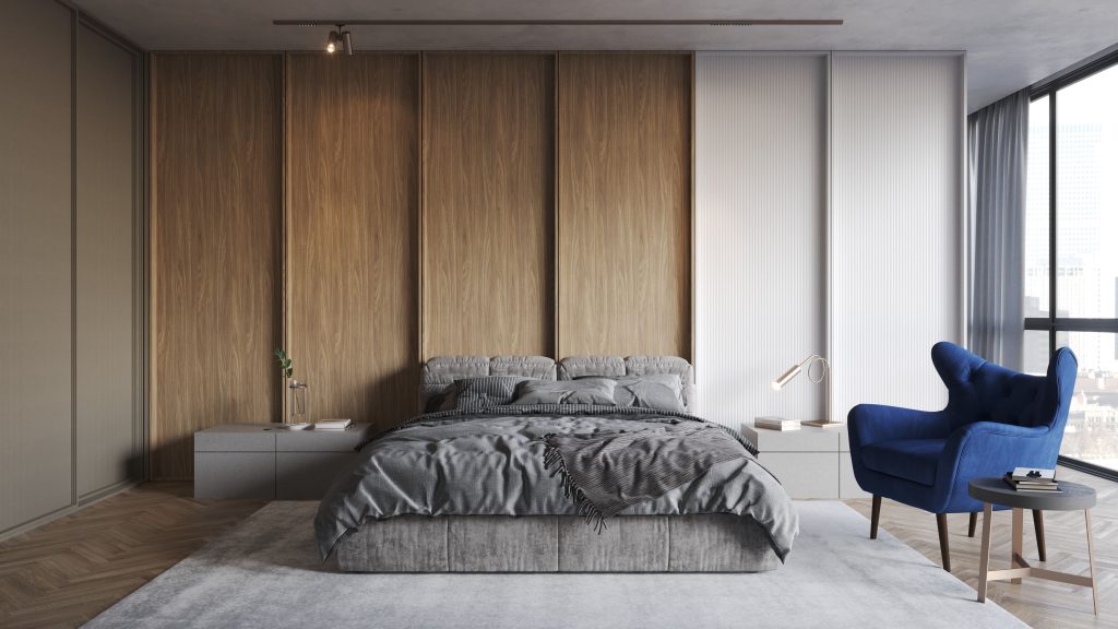 Quarto com painéis de madeira MDF Arauco com incidência de luz natural