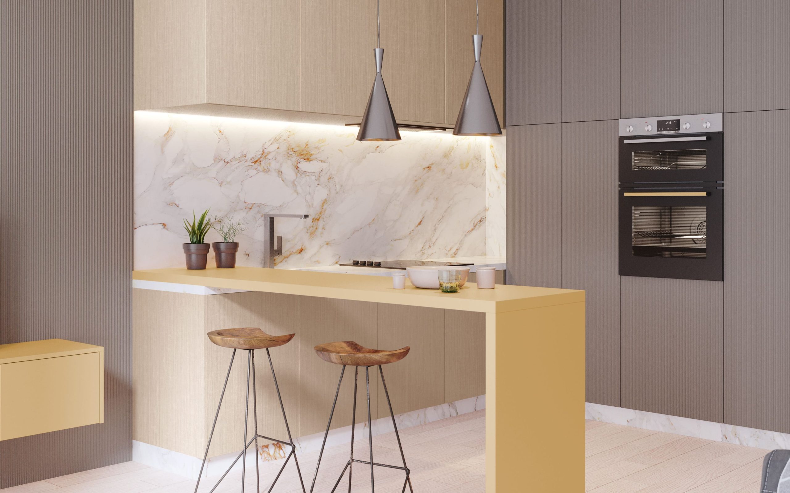 Cozinha com aplicação de painel de MDF Arauco com estampa de mármore