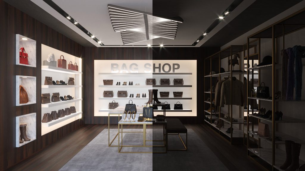 Loja de sapatos e acessórios equipada com iluminação Häfele
